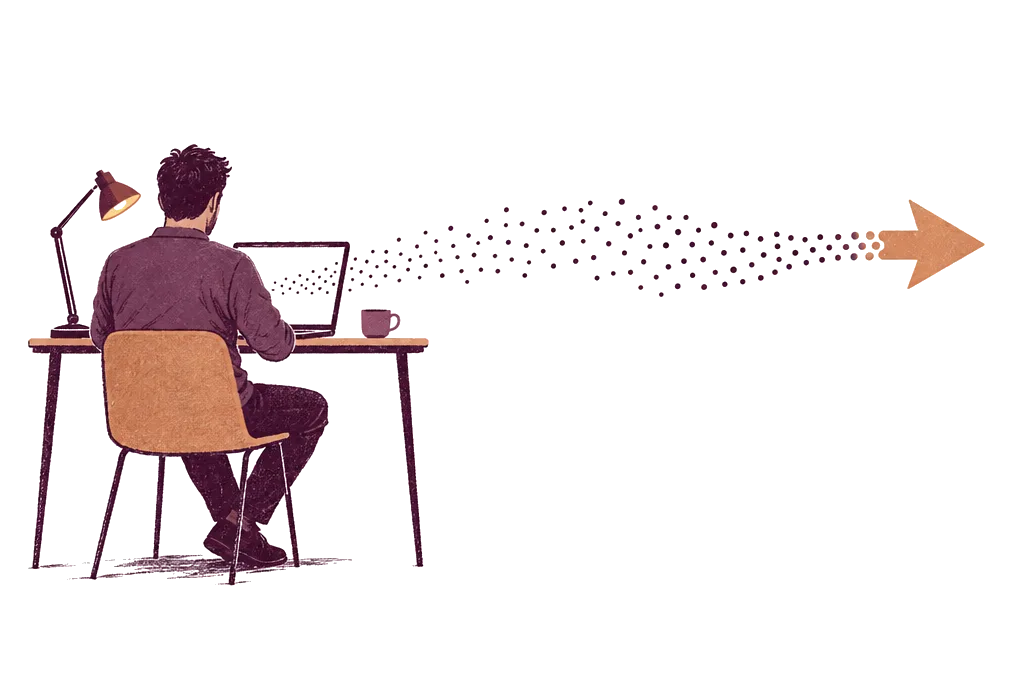 Illustration: a founder at a desk, a current of particles flowing from the screen into one clean arrow