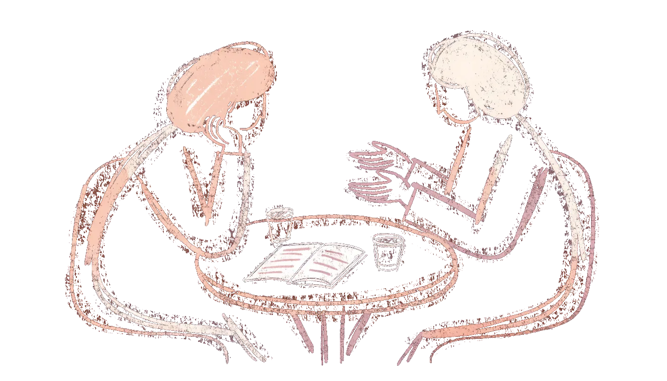 Illustration: two people across a small table, one listening, one explaining